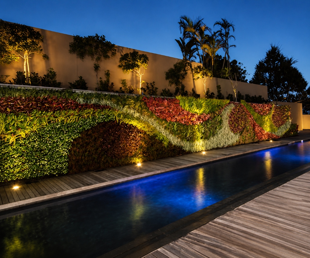 Muro verde iluminado junto a piscina